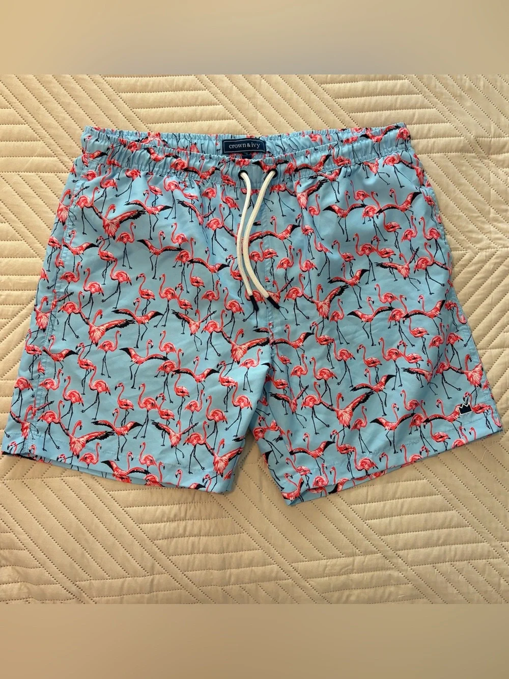Crown & Ivey Men's Light Blue Flamingo Print Swim Trunks Size L